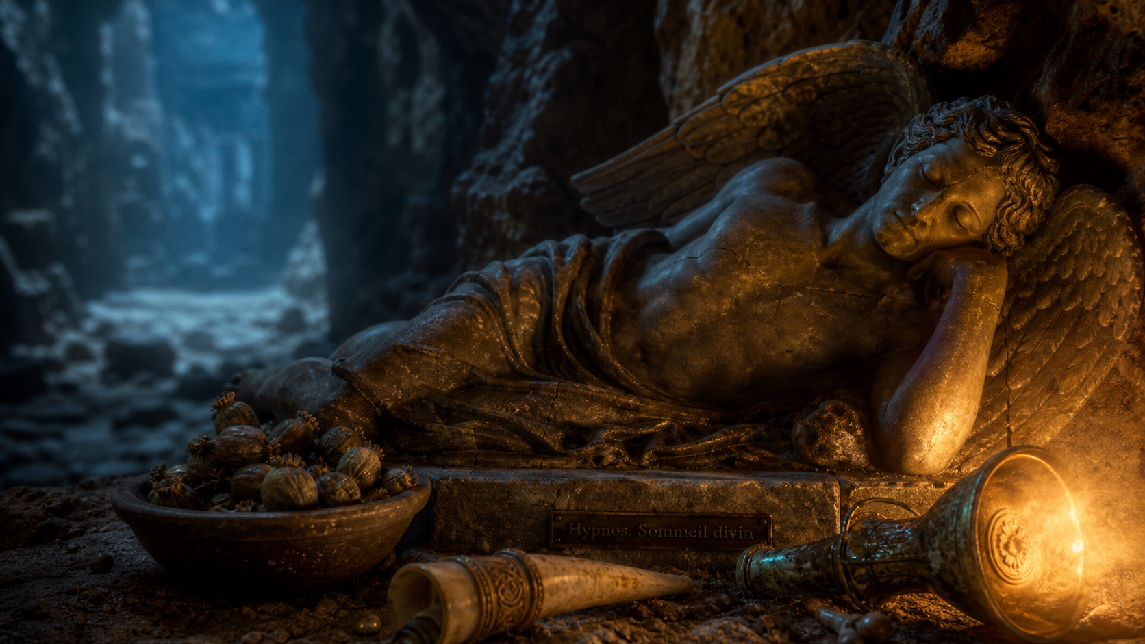 Dieu grec du sommeil Hypnos : statue en marbre, pavot et torche dans la caverne
