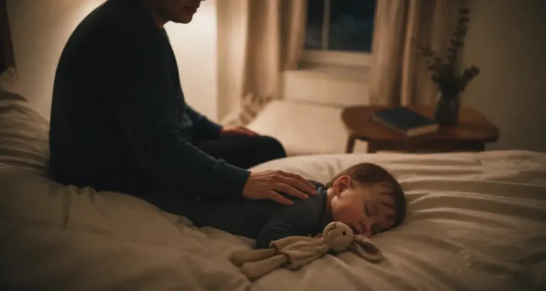 Endormissement autonome bebe : bébé endormi, parent à côté, chambre douce