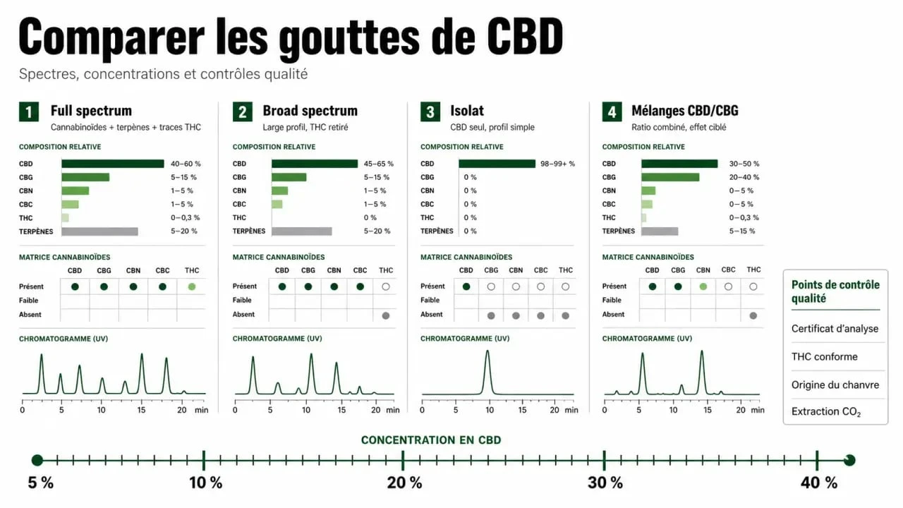 Comparatif des gouttes de CBD : full spectrum, broad spectrum, isolat et concentrations