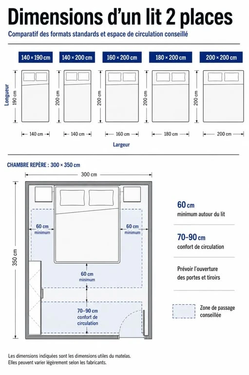 Dimensions lit 2 places : tableau visuel comparatif des formats 140x190, 140x200, 160x200, 180x200 et 200x200 cm