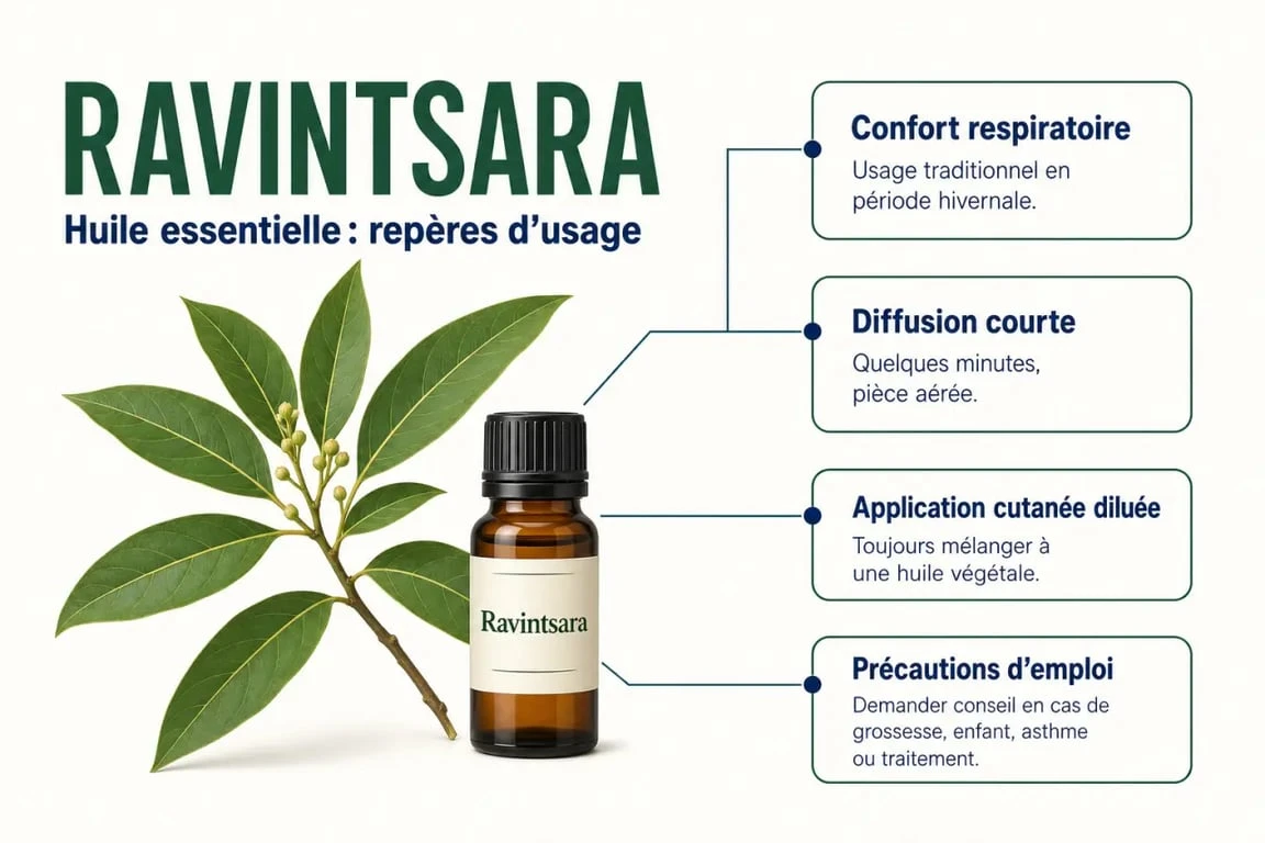 Bienfaits du ravintsara : infographie santé sur le confort respiratoire, la diffusion et les précautions