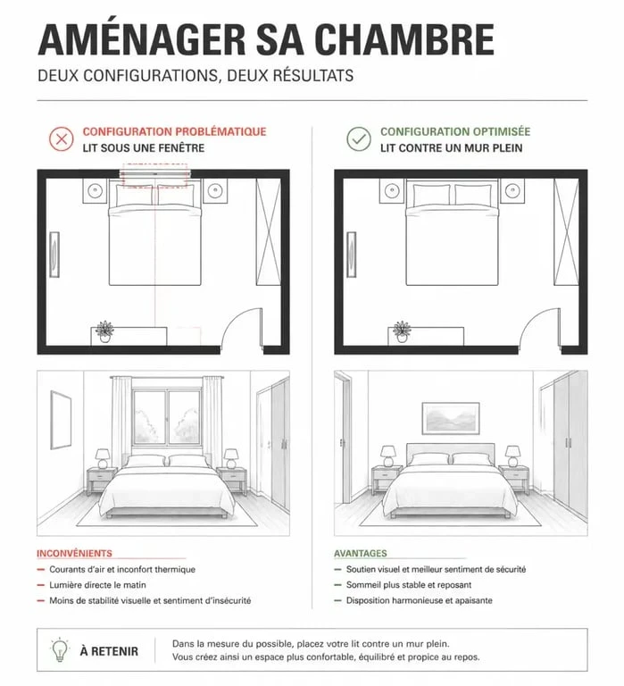 Schéma d'aménagement de chambre illustrant le placement idéal du lit par rapport à la fenêtre pour un sommeil réparateur