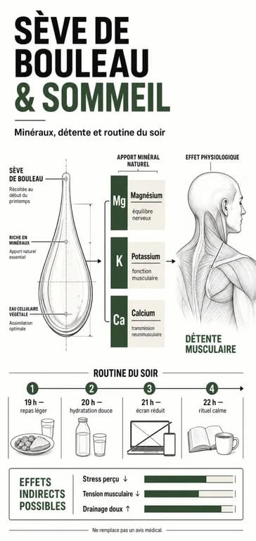 Sève de bouleau et sommeil : infographie sur les minéraux, la détente et la routine du soir