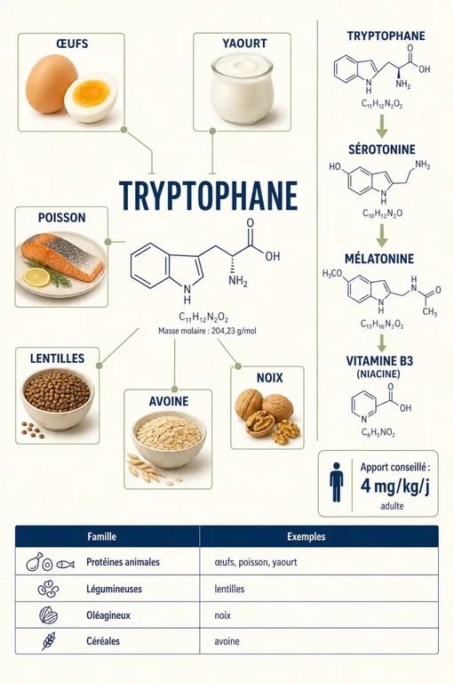 Aliment riche tryptophane : schéma des sources alimentaires et du parcours vers la sérotonine et la mélatonine