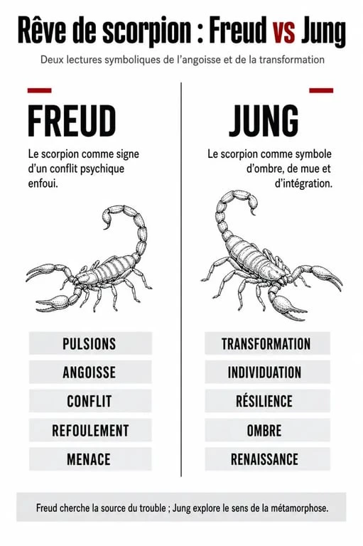 Infographie comparative : interprétation psychanalytique du rêve de scorpion entre Freud et Jung
