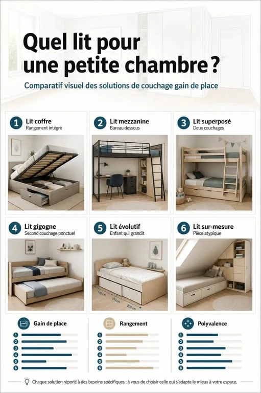 Comparatif lit pour petit chambre avec lit coffre, mezzanine, superposé, gigogne et évolutif