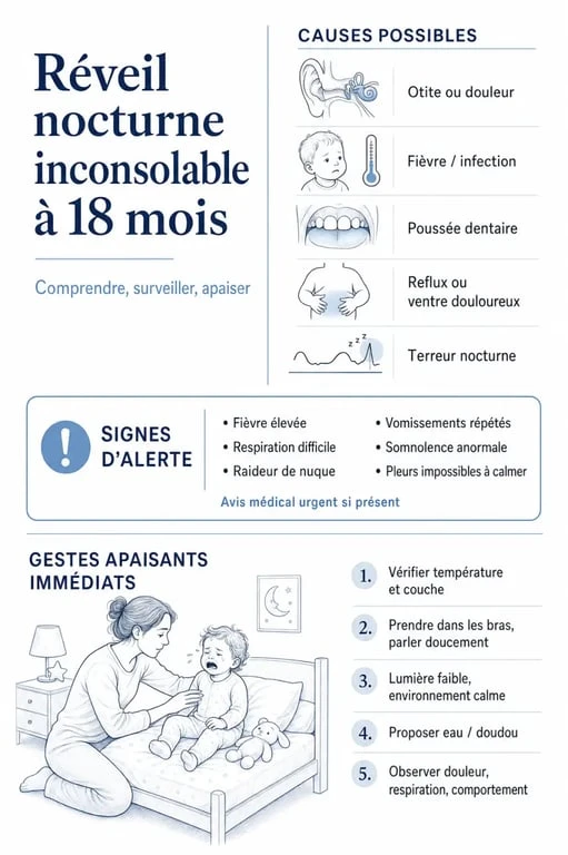 Bébé 18 mois se réveille en hurlant inconsolable : causes possibles, signes d’alerte et gestes pour l’apaiser la nuit