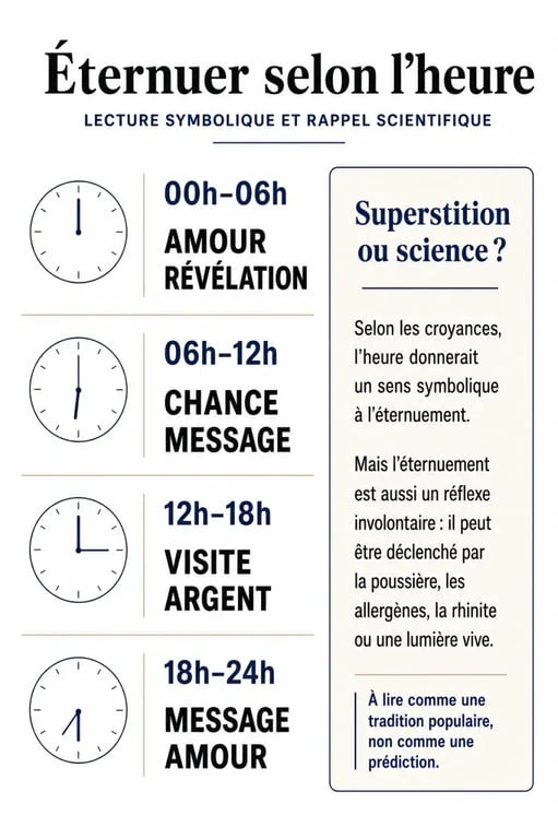 Infographie sur la signification éternuement signification heure avec interprétations symboliques par tranches horaires et rappel scientifique