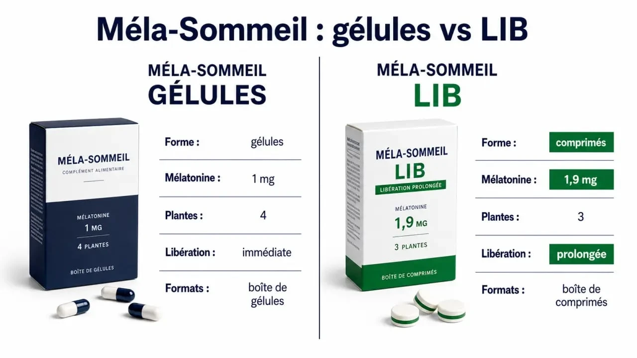 Comparatif visuel de Méla-Sommeil et Méla-Sommeil LIB pour aider à choisir la formule sommeil