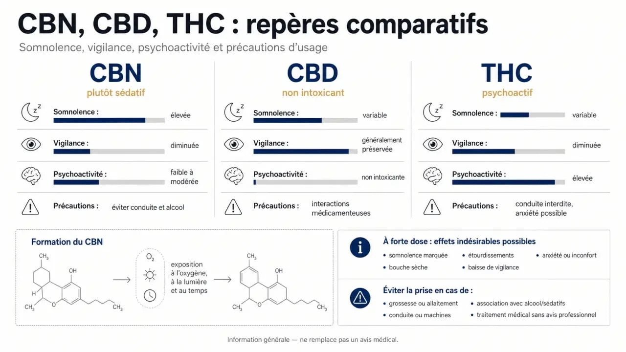 CBN effet secondaire : comparatif visuel des risques de somnolence, vigilance et interactions entre CBN, CBD et THC