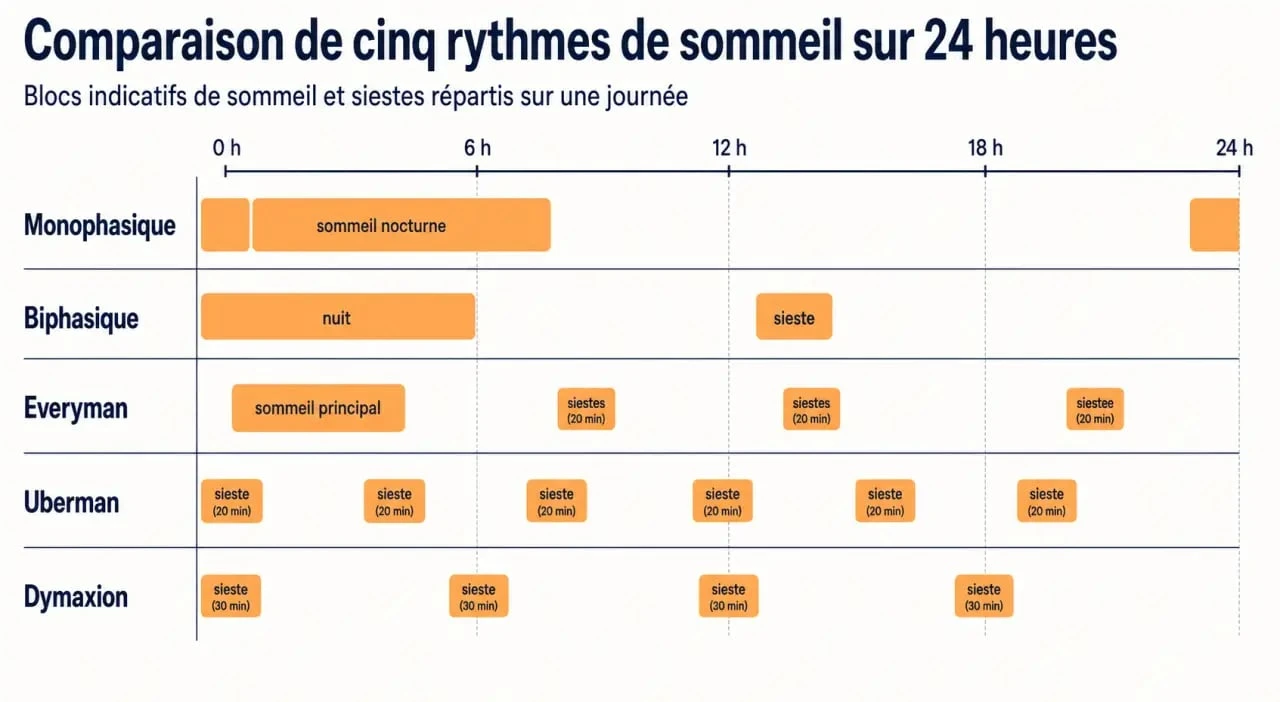 Comparaison visuelle du sommeil polyphasique avec les modèles monophasique, biphasique, Everyman, Uberman et Dymaxion sur 24 heures