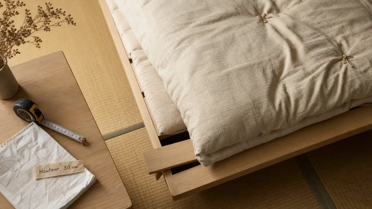 Futon lit 30 cm sur tatamis : vue détaillée