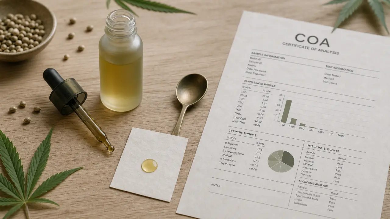 Gouttes de CBD, huile et analyse COA