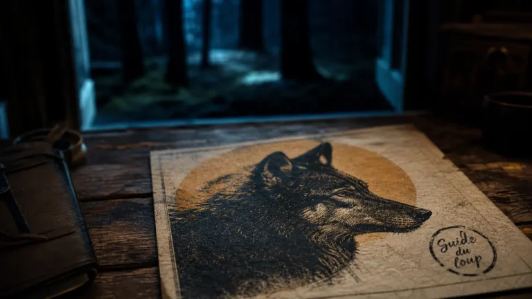 Loup symbolique sur une carte, forêt nocturne derrière