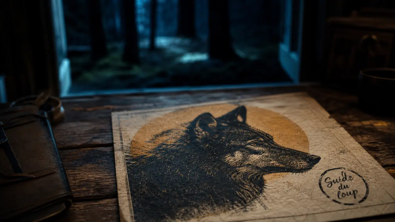 Loup symbolique sur une carte, forêt nocturne derrière