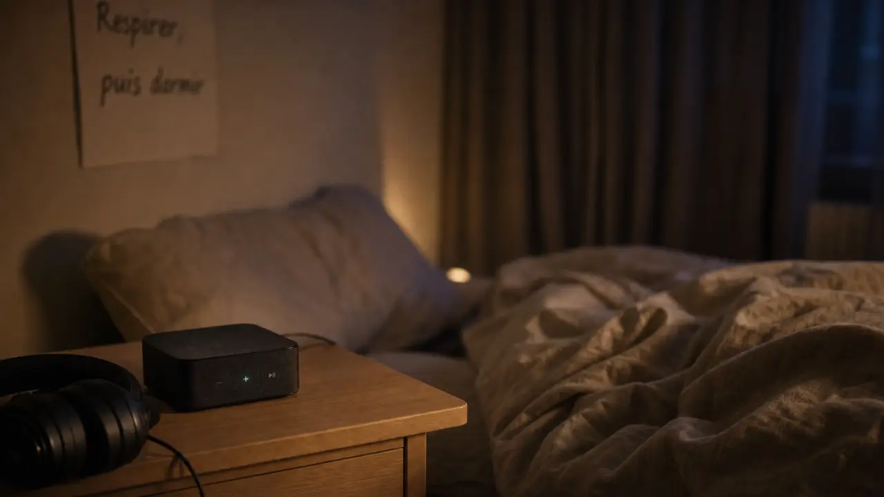 morphée sommeil : box audio de relaxation et casque sur table de nuit