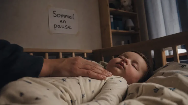 Régression sommeil 7 mois : bébé endormi, parent qui rassure, chambre calme