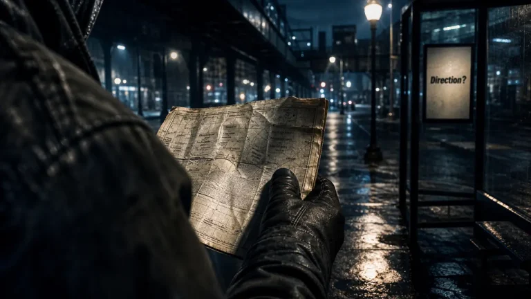 reve d'etre perdu : ruelle nocturne, carte papier et panneaux flous