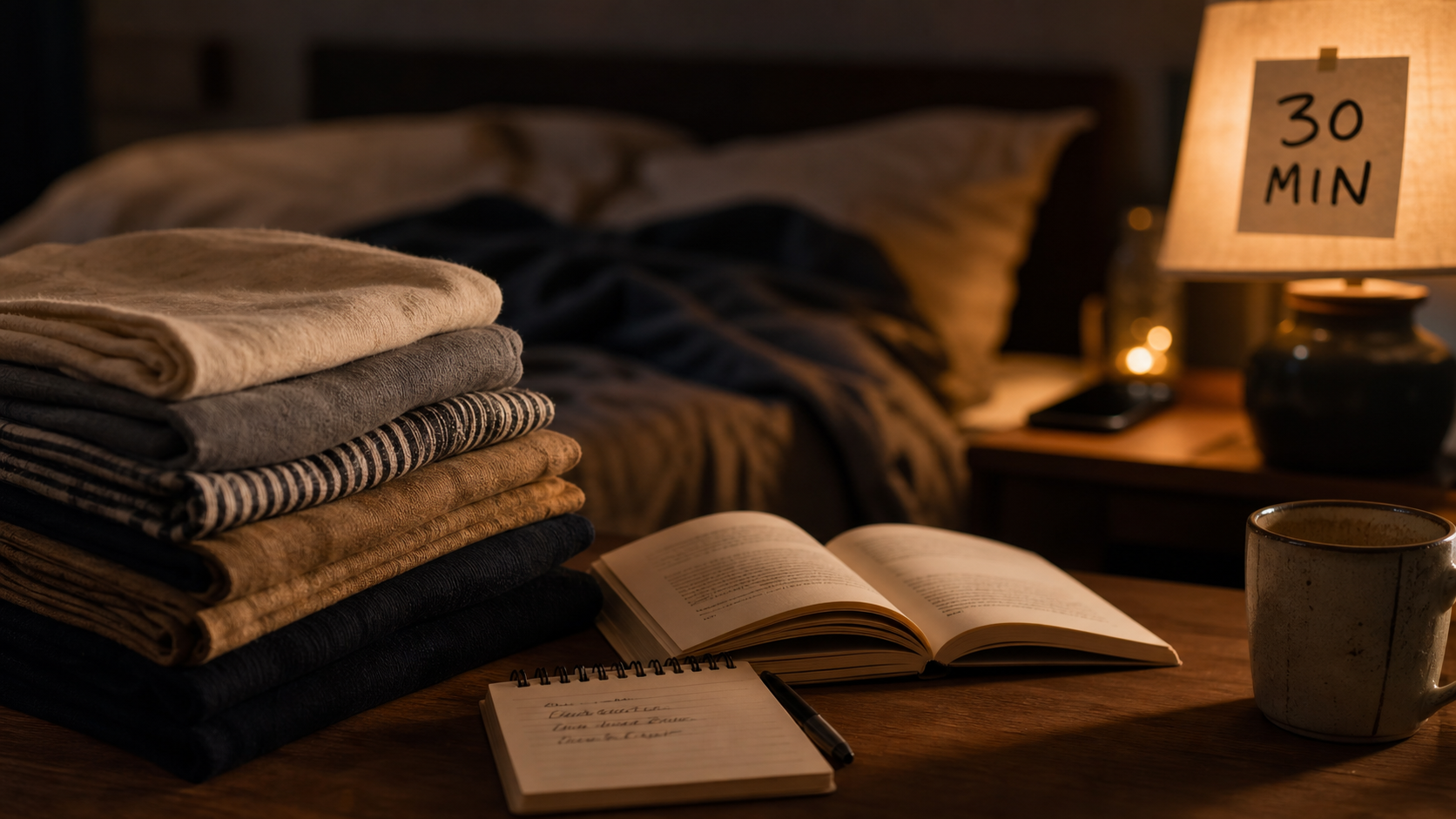 Une routine du soir pour bien dormir : 30 minutes, vêtements pliés, livre, carnet.