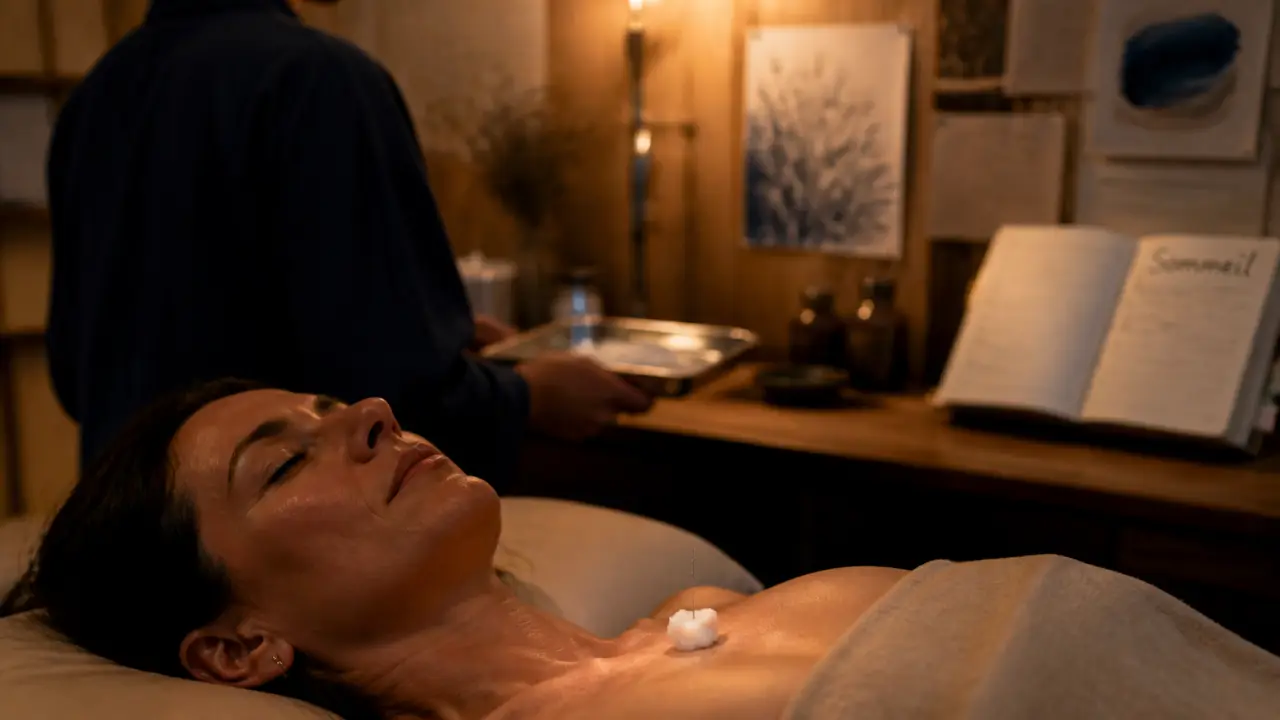Acupuncture insomnie : aiguille sur thorax, patiente allongée, salle de soin