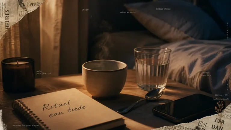 Boire de l’eau chaude avant de dormir : tasse d’eau tiède près du lit