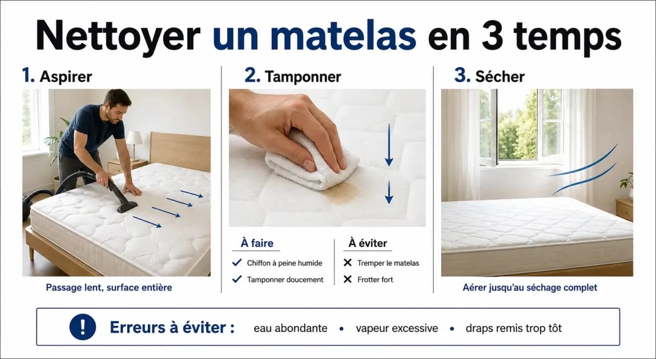 Matelas nettoyage : gestes essentiels pour aspirer, tamponner puis sécher sans abîmer le matelas