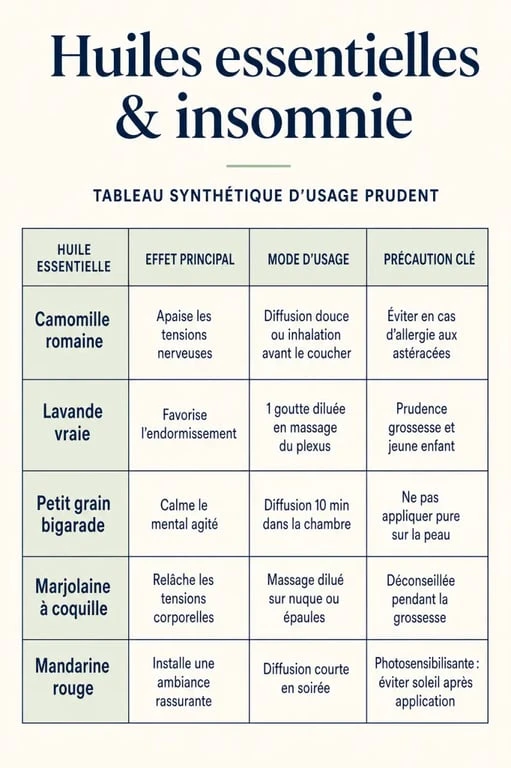 Infographie sur l’huile essentielle insomnie avec les huiles recommandées, leurs usages et précautions