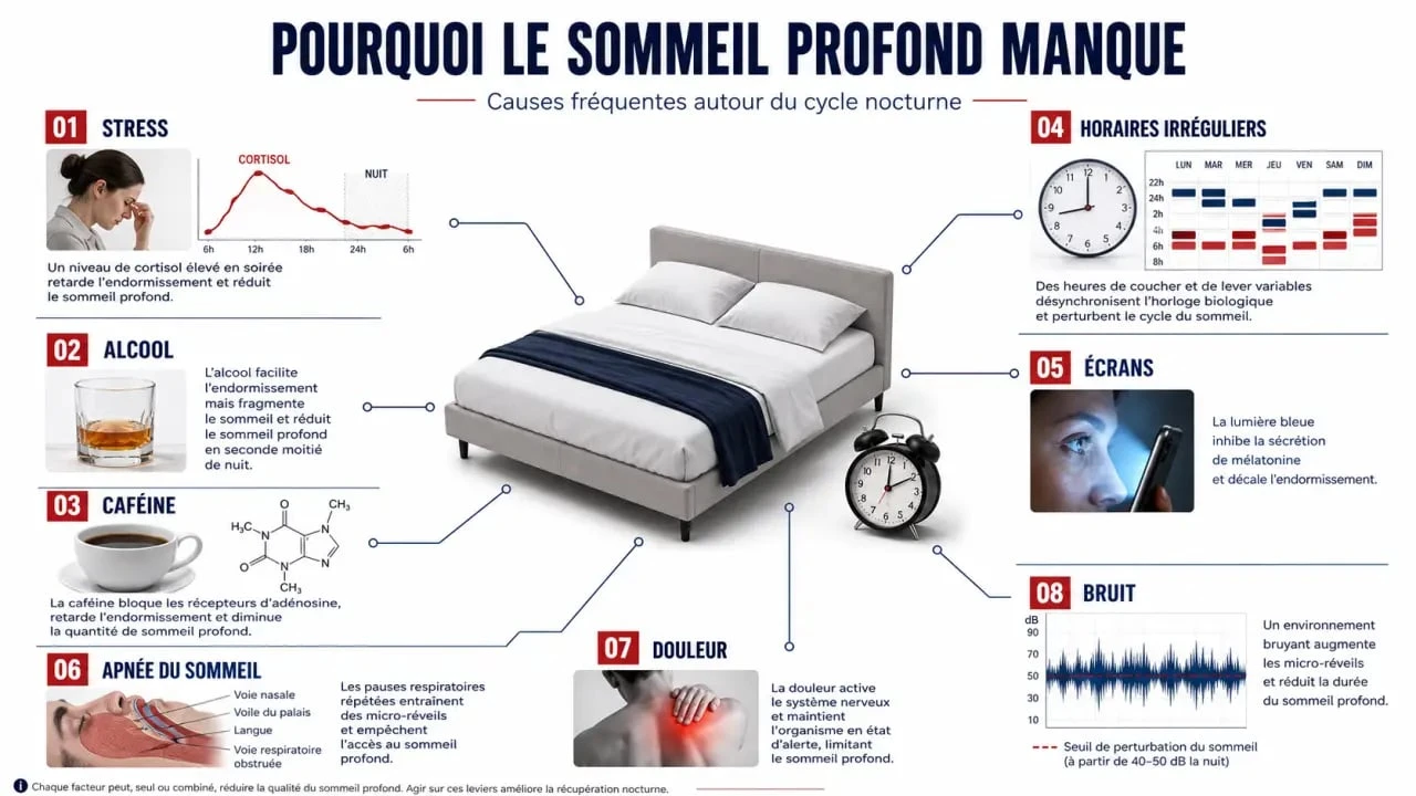 Pas de sommeil profond causes : schéma éditorial des facteurs qui fragmentent le sommeil et des signes à surveiller