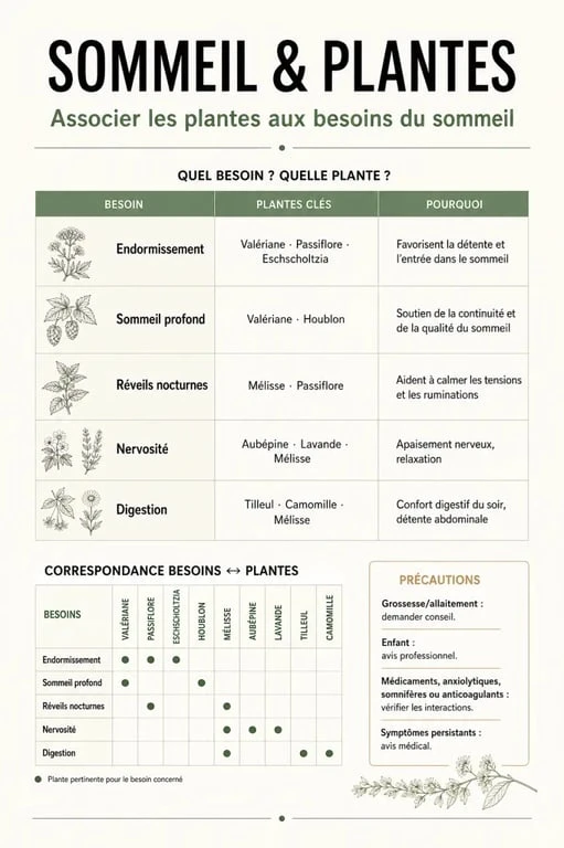 Plante sommeil profond : infographie comparative des plantes selon l’endormissement, les réveils nocturnes, la nervosité et la digestion