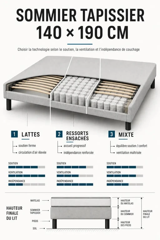 Comparatif visuel d’un sommier tapissier 140x190 cm entre lattes, ressorts et mixte