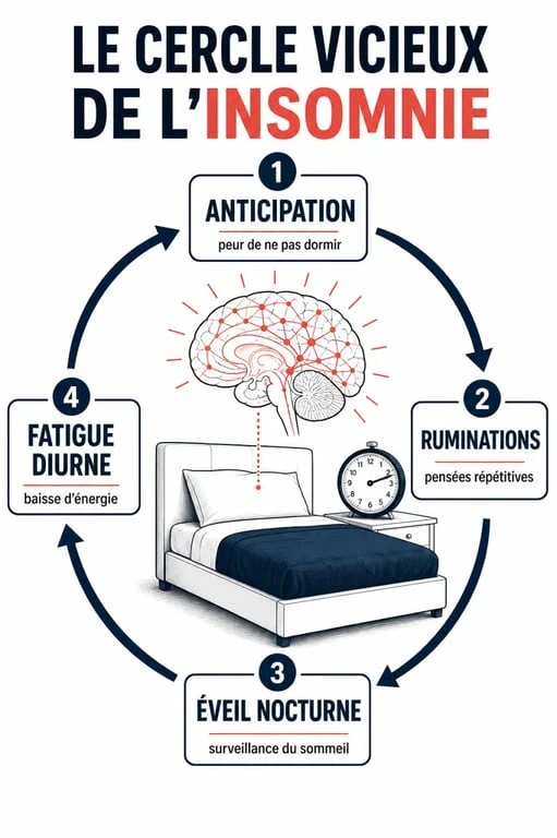 Schéma de tcci insomnie montrant le cercle vicieux entre hyperéveil, ruminations et sommeil perturbé