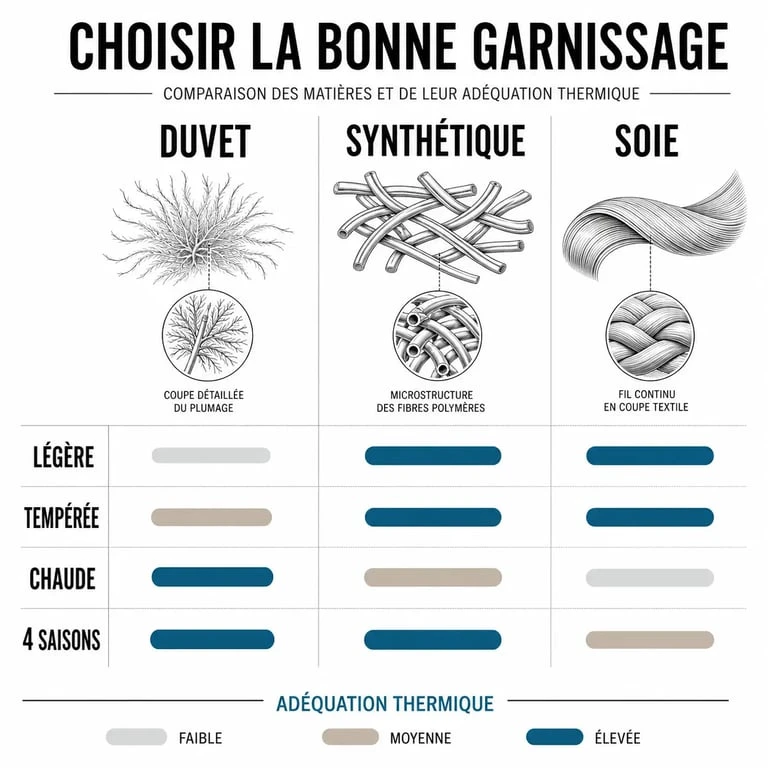 Comparatif couette 240x260 Garnier Thiebaut entre duvet, synthétique et soie
