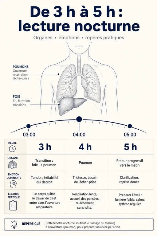 Se réveiller entre 3h et 4h du matin signification spirituelle : infographie sur l’horloge des organes entre 3h, 4h et 5h
