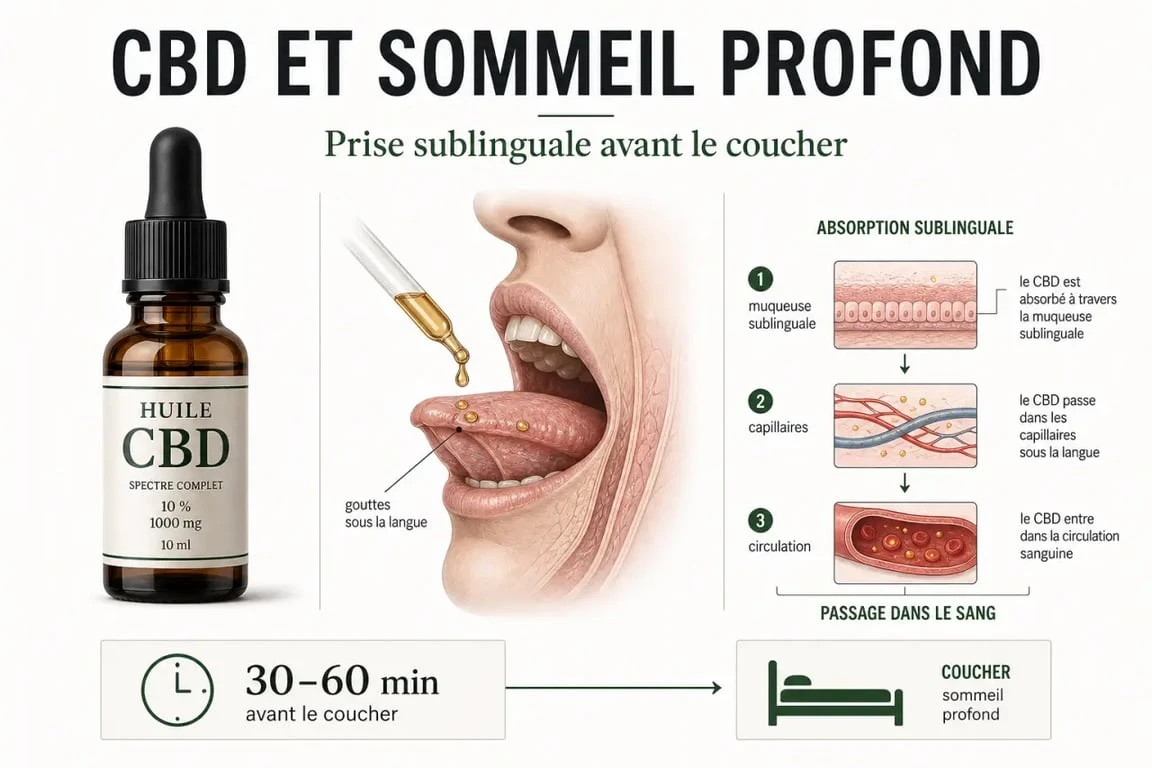 CBD sommeil profond : schéma éditorial de l’huile sublinguale et du timing de prise avant le coucher