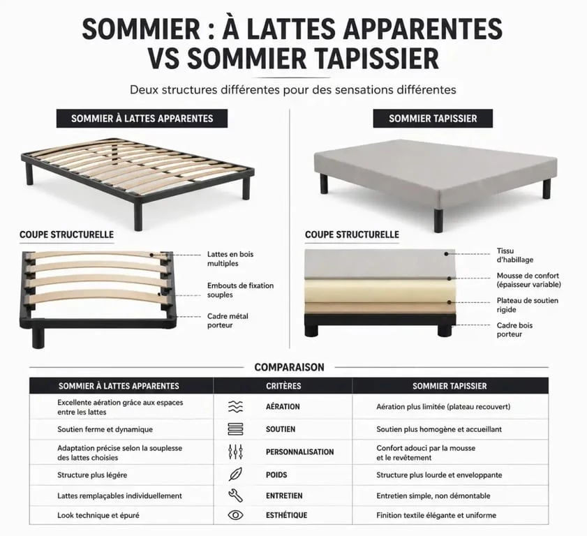 Comparatif visuel entre sommier à lattes et sommier tapissier pour choisir son sommier 2 places