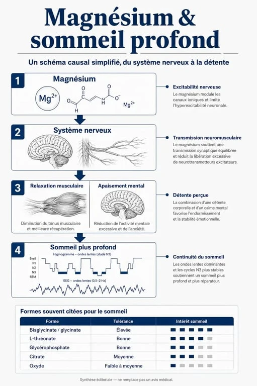 Infographie sur le magnésium sommeil profond, les formes à privilégier et leur lien avec le système nerveux