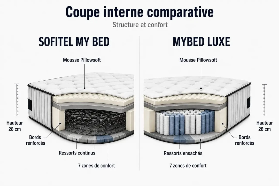 Matelas sofitel : coupe comparative entre MY BED classique et Mybed Luxe avec ressorts, 7 zones et hauteur 28 cm