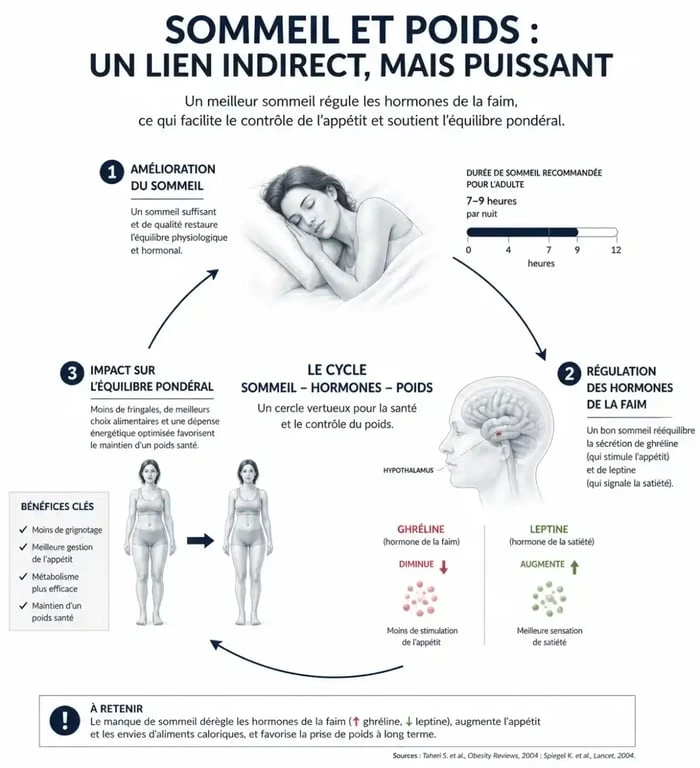 Infographie expliquant le lien indirect entre le zopiclone, la qualité du sommeil et la gestion du poids corporel.