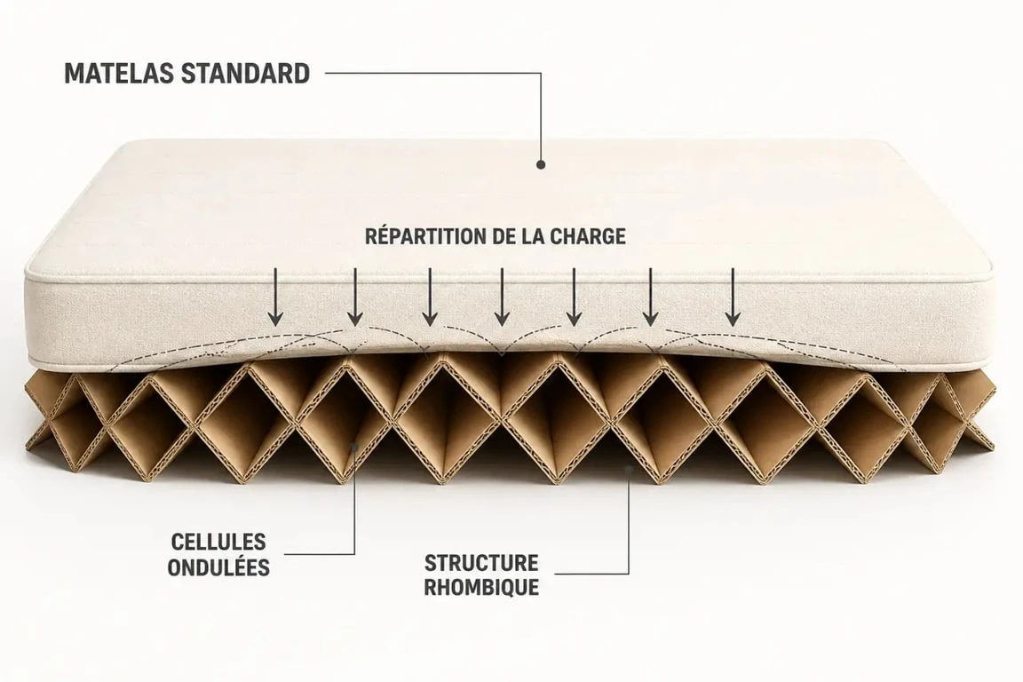 Sommier carton en structure rhombique montrant la répartition de la charge sous un matelas