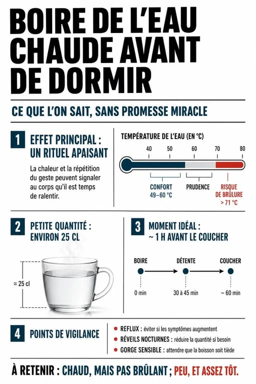 Infographie sur boire de l'eau chaude avant de dormir avec température idéale, quantité recommandée, timing et risques