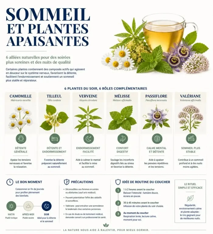 Infographie sur la tisane sommeil profond et les plantes apaisantes pour mieux dormir