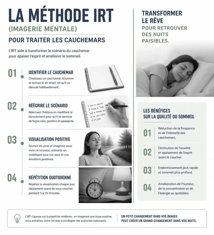 Infographie explicative de la méthode IRT pour traiter les cauchemars prémonitoires et récurrents