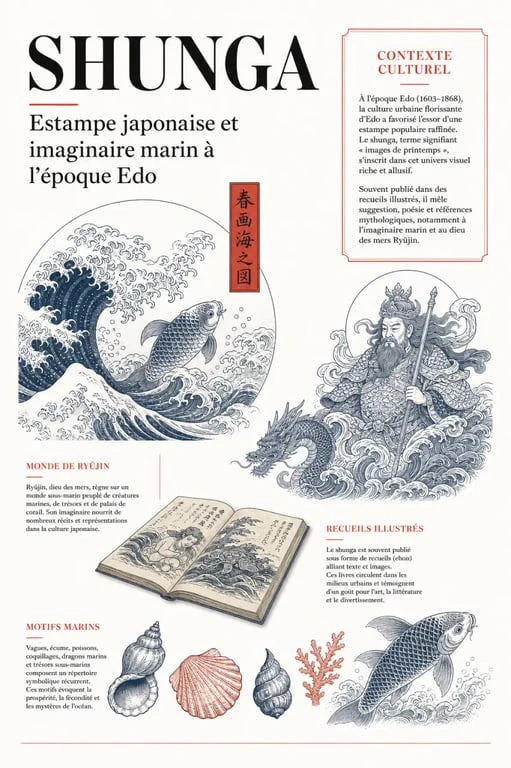 Contexte Edo et shunga autour du Rêve de la femme du pêcheur, livre illustré et motifs marins