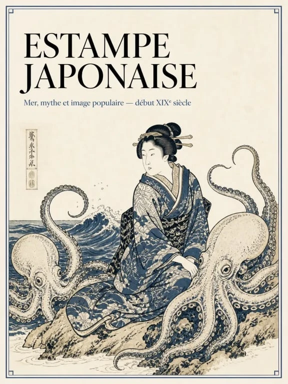 Le Rêve de la femme du pêcheur, estampe japonaise de Hokusai montrant une femme et deux pieuvres