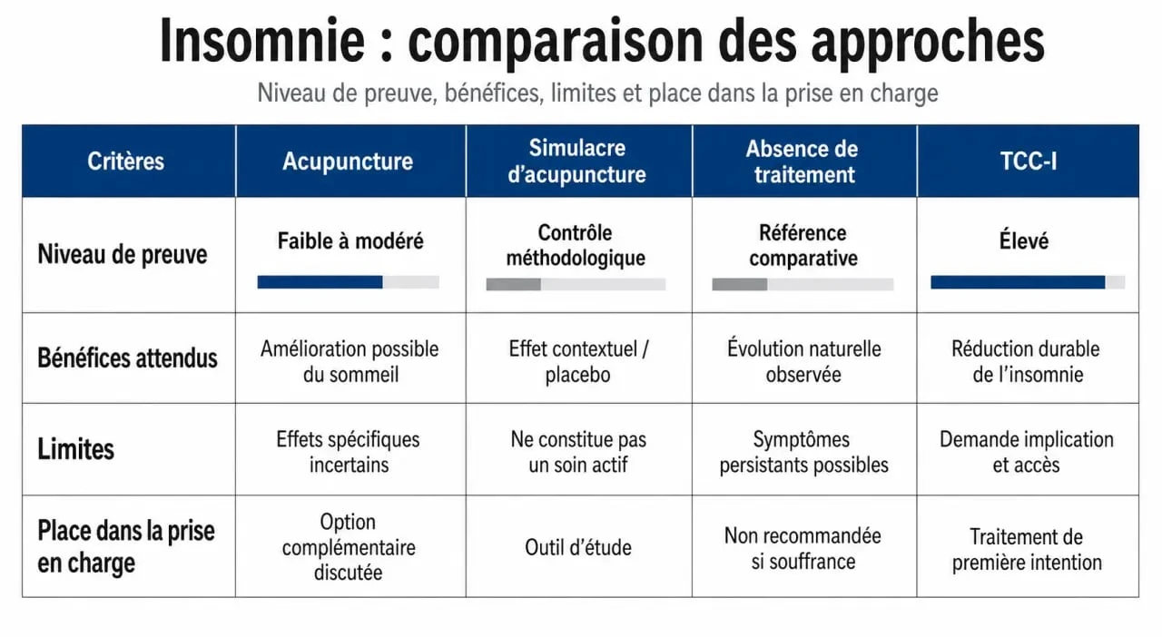 Acupuncture insomnie : comparaison visuelle entre acupuncture, placebo, absence de traitement et TCC-I