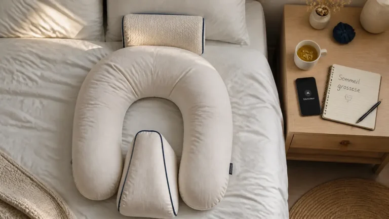 Position dormir enceinte : dormir sur le côté gauche avec coussin grossesse