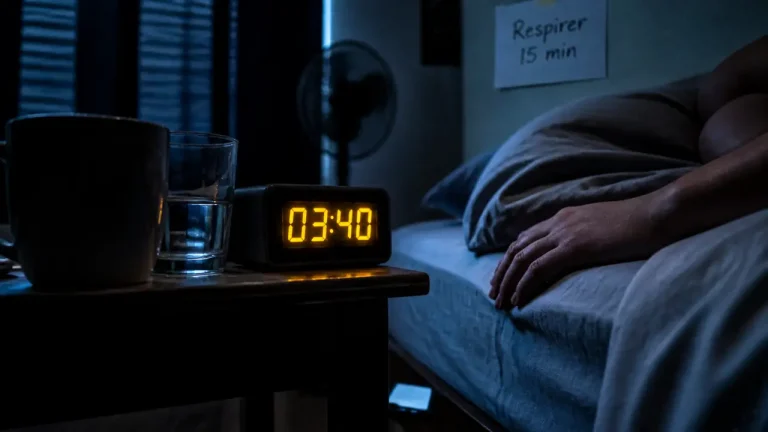 Reveil nocturne : réveil 03:40 au lit, chambre bleue nuit