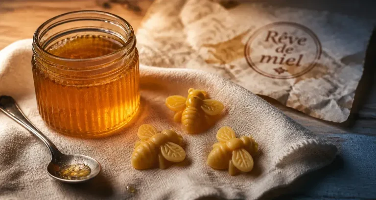 Rever de miel : pot de miel doré et abeilles en symbole de rêve