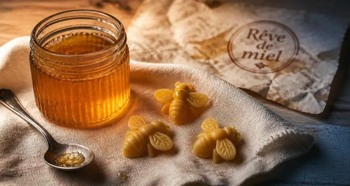 Rever de miel : pot de miel doré et abeilles en symbole de rêve