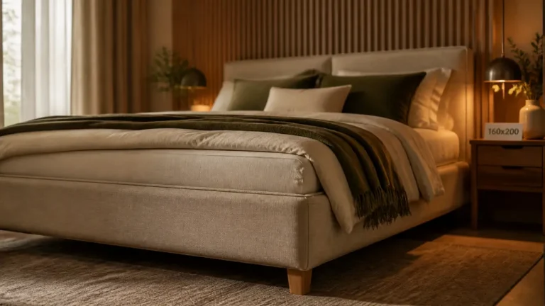 Sommier 160x200 tapissier beige, base queen size pour matelas